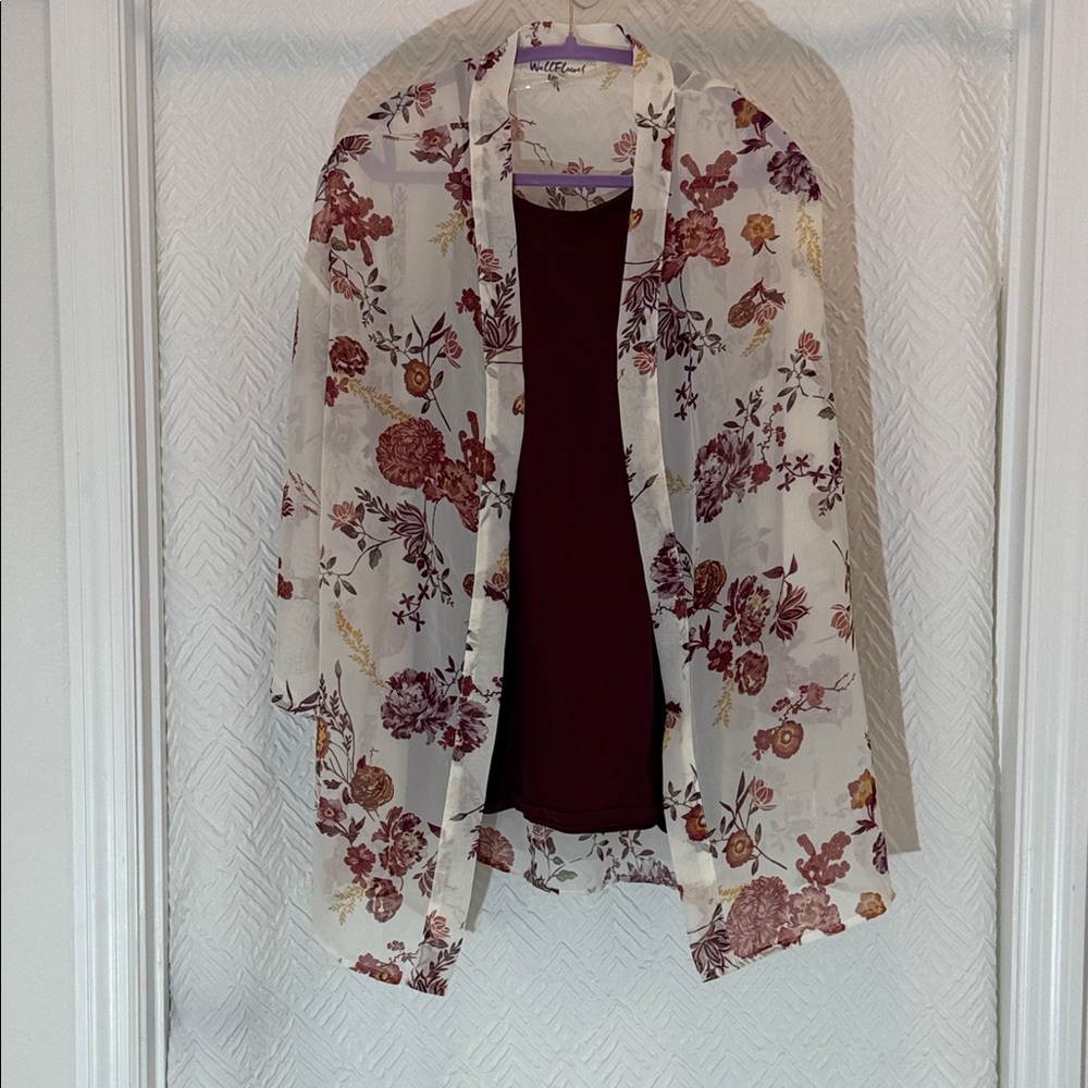 Wallflower Sheer Floral Kimono Jacket with Burgundy Tank